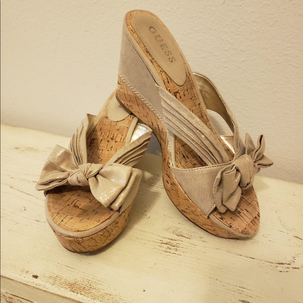 GUESS Galloway Women Size 7 1/2 Silver Cork Wedge